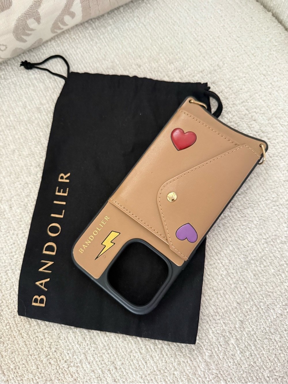 Bandolier Tan Leather Card Case Phone Case with Red & Purple Heart Accents